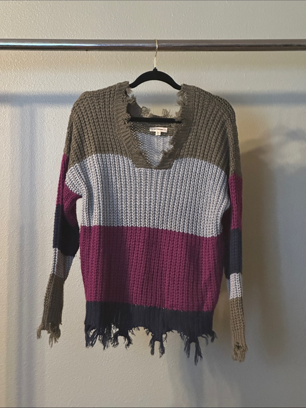 eesome Olive, Magenta, Gray & Black Striped Distressed V-Neck Sweater